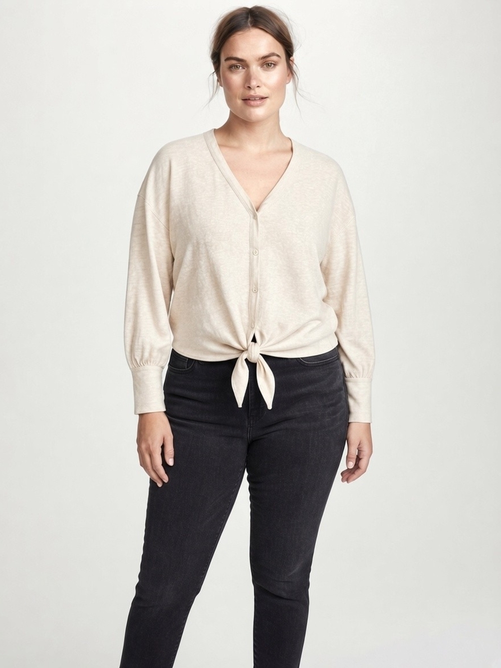 Reithmans Signature 2X Beige Linen Blend Tie Front Button Cardigan Top